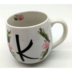 Prima Design K Monogram Initial Letter White Pink Rose Floral Coffee Tea Mug